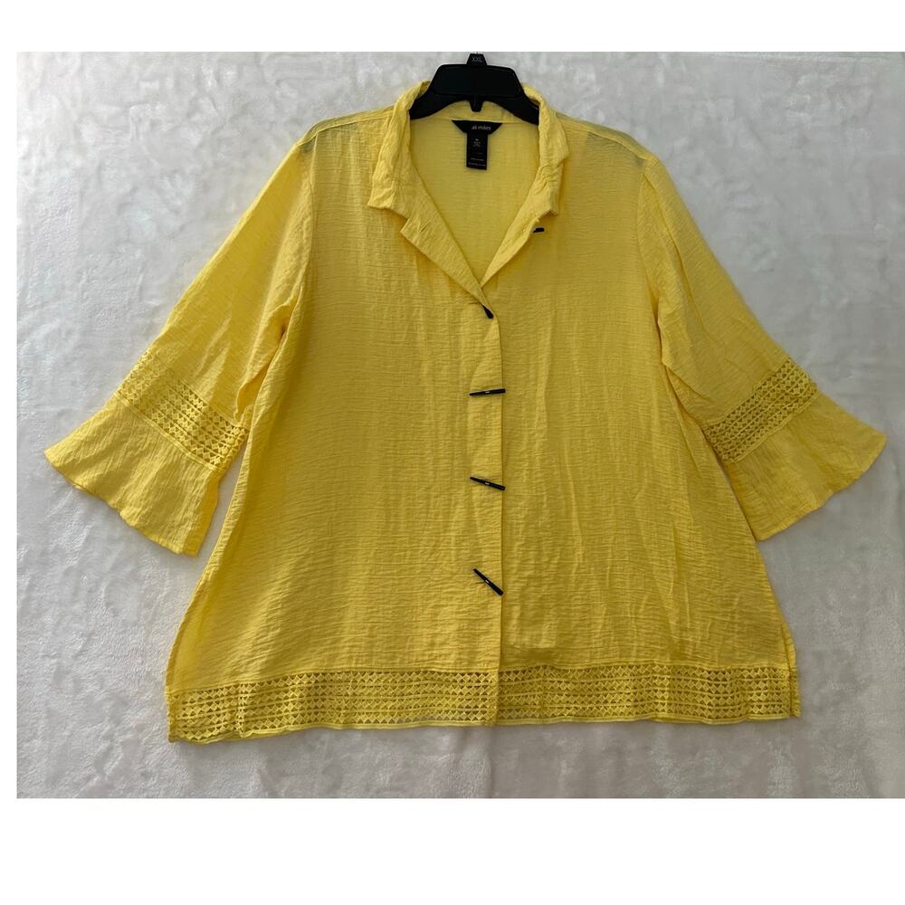 Ali Miles Yellow Eyelet Button Top XL Classy Summer Flowy